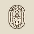 PrintCabin or Cottage Modern Line Art Illustration Design. Outdoor Cabin Badge Logo Vector. Cabin, Cottage, Hill, River, Summer