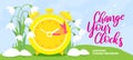 PrintDaylight Saving Time Begins banner. Spring Forward. Reminder guide with clocks change one hour ahead Royalty Free Stock Photo