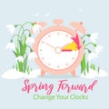 PrintDaylight Saving Time Begins banner. Spring Forward. Reminder guide with clocks change one hour ahead Royalty Free Stock Photo