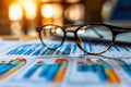 Printed charts of economic growth on the table.. A pair of glasses on a table.