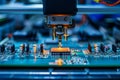 Printed Circuit Board with Advanced Processing Unit inside Component Installation Machine. Top View. Electronic Devices Royalty Free Stock Photo