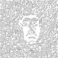 Printed circuit board black and white computer technology with an angry human face, evil artificial intelligence concept Royalty Free Stock Photo