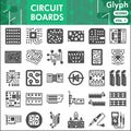 Printed circuit board line icon set, micro chip symbols collection or sketches. PCB glyph with headline linear style