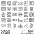 Printed circuit board line icon set, micro chip symbols collection or sketches. PCB solid line linear style signs for