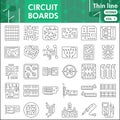 Printed circuit board line icon set, micro chip symbols collection or sketches. PCB thin line with headline linear style