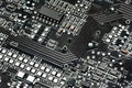 Printed circuit board and microchip, or cpu closeup - electronic component for digital equipment, concept for development of Royalty Free Stock Photo