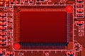 Printed circuit board and microchip, or cpu, in red light closeup - electronic component for digital equipment, concept for Royalty Free Stock Photo