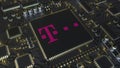 Computer printed circuit board or PCB with Deutsche Telekom AG logo. Conceptual editorial 3D animation