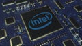 Computer printed circuit board or PCB with Intel Corporation logo. Conceptual editorial 3D rendering