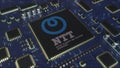 Computer printed circuit board or PCB with Japan Telegraph and Telephone Corporation NTT logo. Conceptual editorial 3D