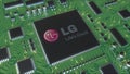 Computer printed circuit board or PCB with LG Corporation logo. Conceptual editorial 3D rendering