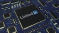 Computer printed circuit board or PCB with LinkedIn logo. Conceptual editorial 3D rendering