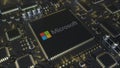 Computer printed circuit board or PCB with Microsoft Corporation logo. Conceptual editorial 3D rendering