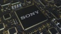 Computer printed circuit board or PCB with Sony Corporation logo. Conceptual editorial 3D rendering