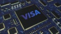 Computer printed circuit board or PCB with Visa Inc. logo. Conceptual editorial 3D rendering