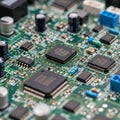 Of a printed circuit board PCB featuring multiple microchips capacitors and Royalty Free Stock Photo