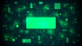 Printed circuit board with a processor, microchips and binary code. Abstract high-tech electronic background, copy space, template