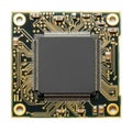 Printed circuit board showing microchip and electronic components