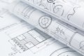Printed engineering drawings of industrial parts and mechanisms Royalty Free Stock Photo