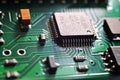 Printed programmable microcomputer with microcircuit, chip close up with selective focus macro