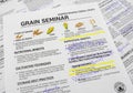 Printed seminar materials on understanding cereal crops, featuring types of grains like wheat, Royalty Free Stock Photo