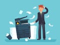 Printer broken. Confused business worker broke copier, office copy machine and lot of paper documents cartoon vector Royalty Free Stock Photo