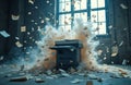 Printer explodes in cloud of smoke and paper. Documents fly through air after malfunction. Office chaos and destruction results Royalty Free Stock Photo