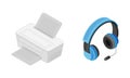 Printer and headphones, wireless mobile devices isometric vector illustration Royalty Free Stock Photo