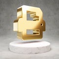 Printer icon. Shiny golden Printer symbol on white marble podium