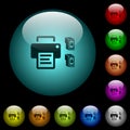 Printer and ink cartridges icons in color illuminated glass buttons