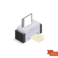 Printer isometric on white background. Vector. Isometric office printed machine with paper sheet and documents.
