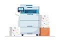Printer, office machine with paper, document stack. Scanner, copy equipment. Multifunction device. Paperwork with carton, Royalty Free Stock Photo