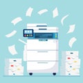 Printer, office machine with paper, document stack. Scanner, copy equipment. Paperwork. Multifunction device. Vector cartoon Royalty Free Stock Photo