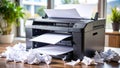 Printer with paper, documents, and crumpled paper on a desk, office setting. Royalty Free Stock Photo
