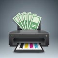 Printer prints money, dollars - business illustrations.