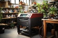 a printer sitting on a table in a workshop Royalty Free Stock Photo