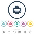Printer solid flat color icons in round outlines