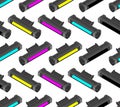 Printer toner cartridge CMYK pattern seamless. Cyan and Magenta. Yellow and Key color. ink Laser Jet printer background. Vector