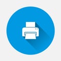 Printer vector icon on blue background. Flat image with long shadow