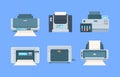 Printers. Documents and photo on papers copy machines for printing house vector flat illustration