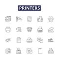 Printers line vector icons and signs. Printing, Ink, Laser, Toner, Canon, Epson, HP, Network outline vector illustration