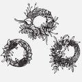 PrintHand drawn illustration. Vintage decorative lovely set of laurels, branches and wreaths. Doodle Greek ancient wreath, with la