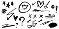 PrintHand drawn set of doodle elements. check mark, swoops, swirl, arrow, heart, crown, star, sun burst, firework Royalty Free Stock Photo