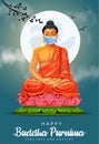 PrintHappy Vesak Day, Buddha Purnima wishes greetings with buddha wearing surgical mask. coronavirus or covid-19 concept Can be Royalty Free Stock Photo