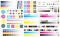 Printing cmyk marks. Offset print calibration marks, gradient color tone, color bars and registration plates. Color Royalty Free Stock Photo