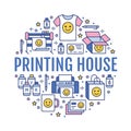 Printing house circle poster with flat line icons. Print shop equipment - printer, scanner, offset machine, plotter