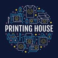 Printing house circle poster with flat line icons. Print shop equipment - printer, scanner, offset machine, plotter