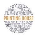 Printing house circle poster with flat line icons. Print shop equipment - printer, scanner, offset machine, plotter Royalty Free Stock Photo