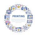 Printing house circle poster with flat line icons. Print shop equipment - printer, scanner, offset machine, plotter Royalty Free Stock Photo