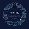 Printing house circle poster with flat line icons. Print shop equipment - printer, scanner, offset machine, plotter Royalty Free Stock Photo